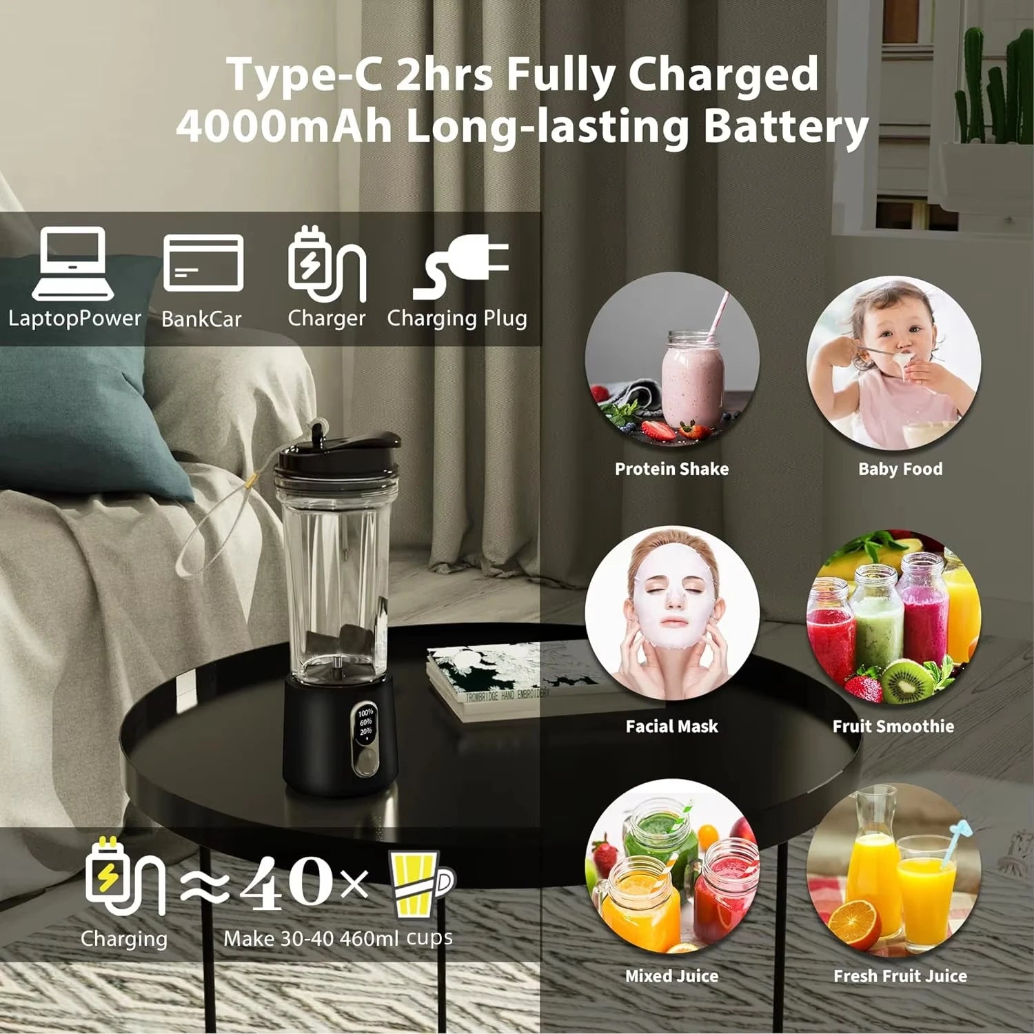 Portable High Power Juicer 4000mAh Battery For Home Use by Snagg A Blender