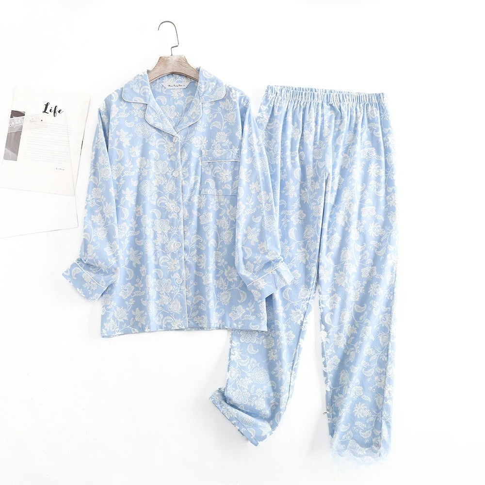 Women's Cotton Flannel Pajama Set | Plaid Long Sleeve Long Pants Loose Autumn Winter Sleepwear