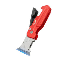 Red utility knife with a black blade on a gray and white background