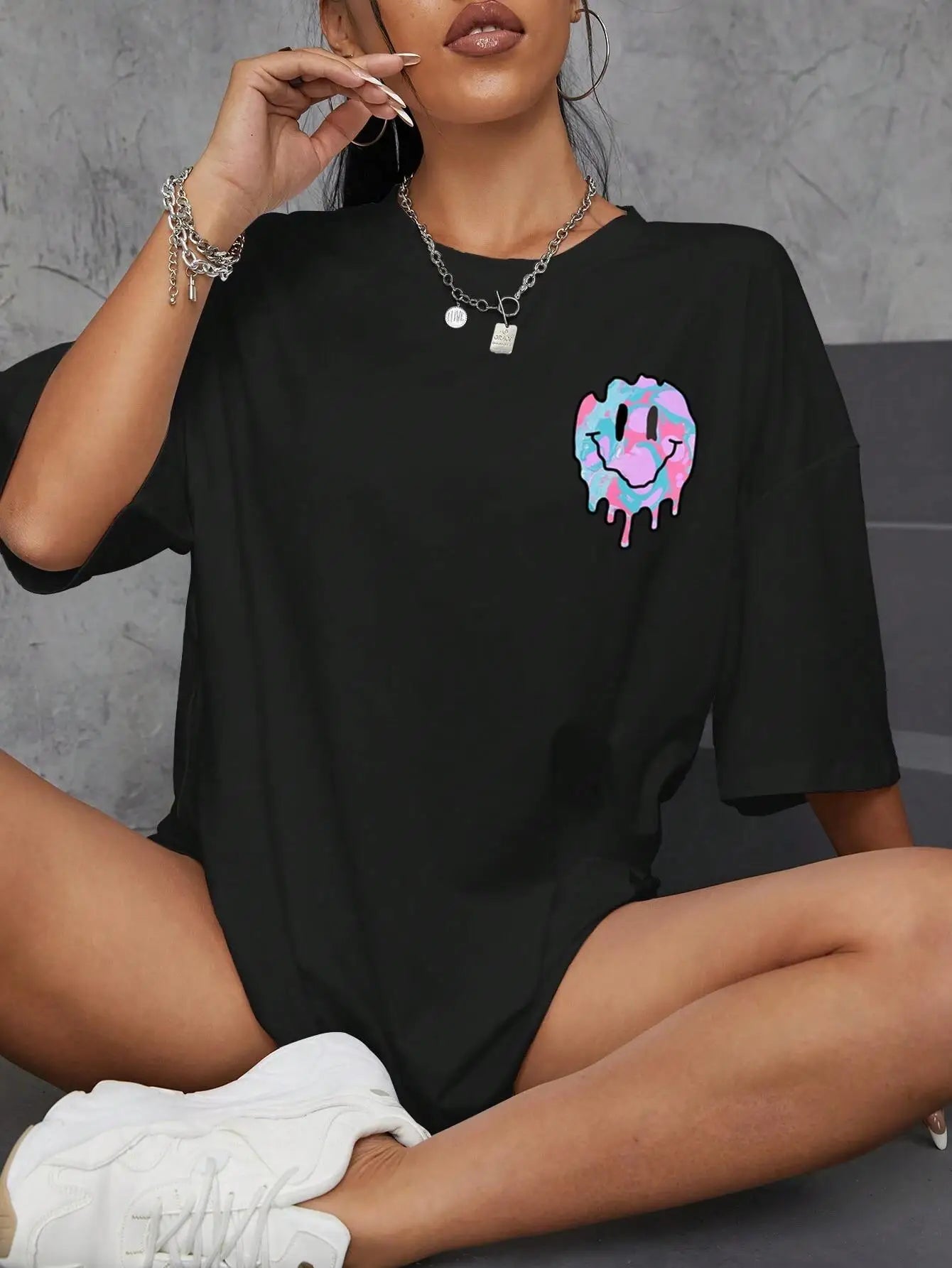 Women's Smile Face Print T-Shirt | Street Casual All-Match Soft Hip Hop Breathable Fashion Tee
