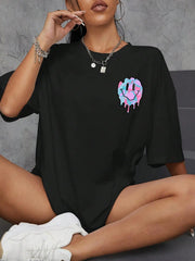 Women's Smile Face Print T-Shirt | Street Casual All-Match Soft Hip Hop Breathable Fashion Tee