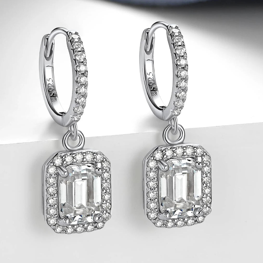 Emerald Cut Moissanite Drop Earrings by Snagg An Earring