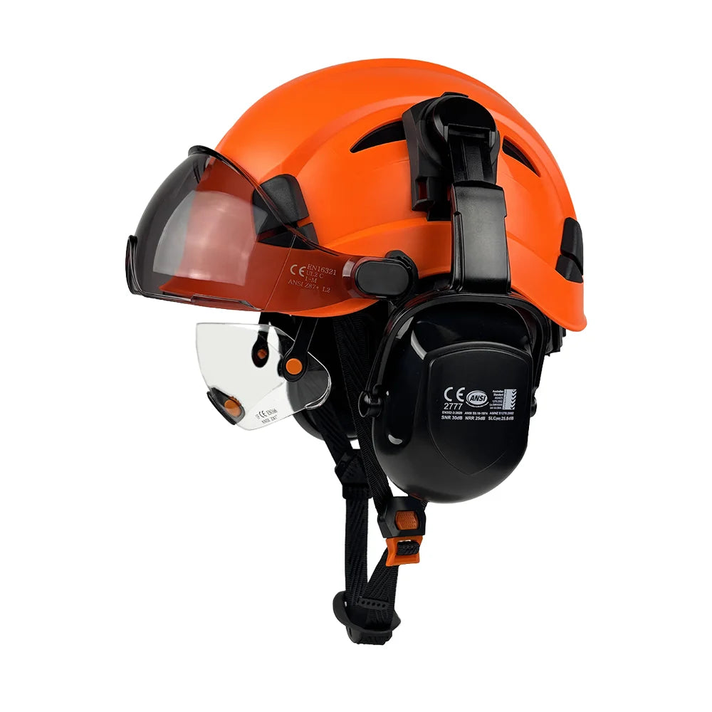 Construction safety helmet with twin visors and earmuffs – image 7
