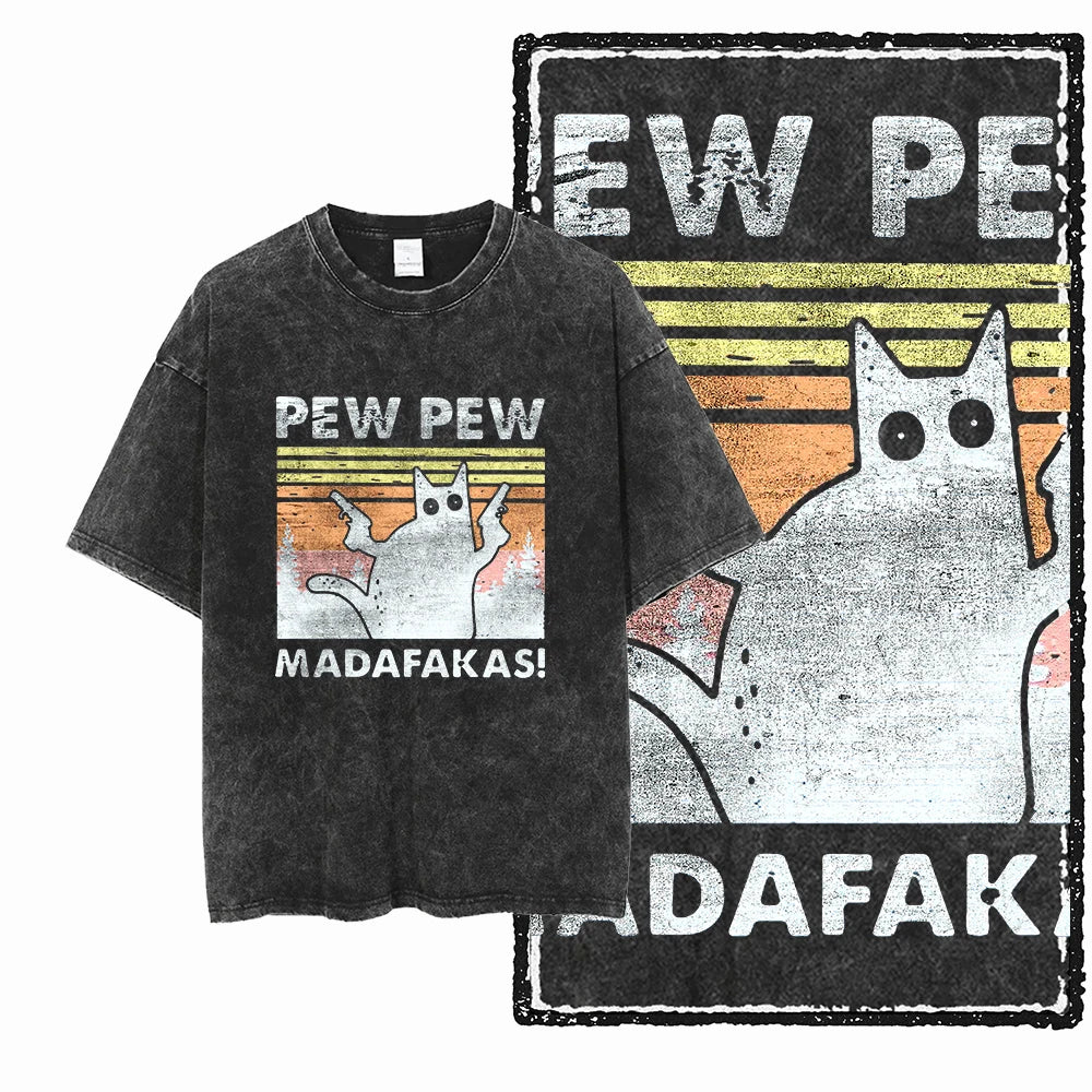 Acid Washed Cat Graphic Unisex T-Shirt | Cotton Streetwear Big Size Vintage Tee