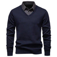 Men’s "Fake Two Piece" Thermal Pullover | Slim Fit Fleece Lined Smart Casual Sweater