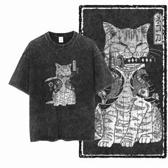 Acid Washed Cat Graphic Unisex T-Shirt | Cotton Streetwear Big Size Vintage Tee