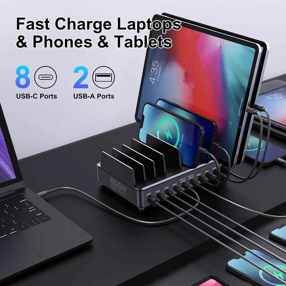 600W GaN 10-Port PD3.1 Charging Station Stand | Multi USB Fast Charger MacBook iPhone iPad Samsung Laptop