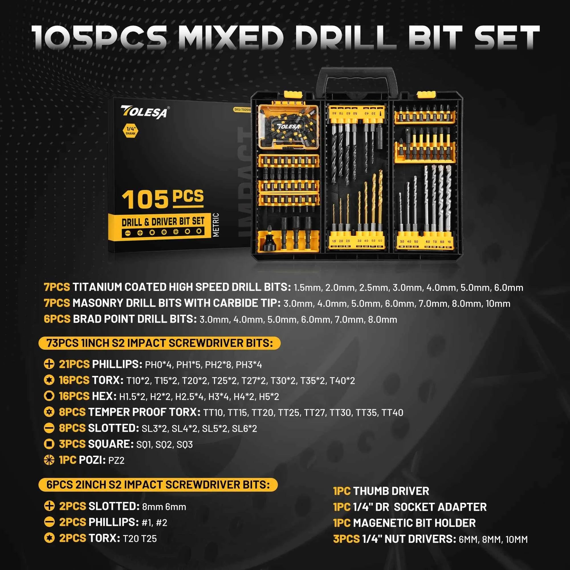 105 Pcs Professional Master Drill & Driver Set | HSS, S2 Steel & Masonry Multi-Material Kit