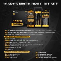 105 Pcs Professional Master Drill & Driver Set | HSS, S2 Steel & Masonry Multi-Material Kit