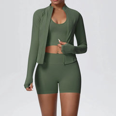 Women's 3-Piece Seamless Yoga Suit | Shockproof Bra Crop Top & Long Sleeve Gym Legging Set