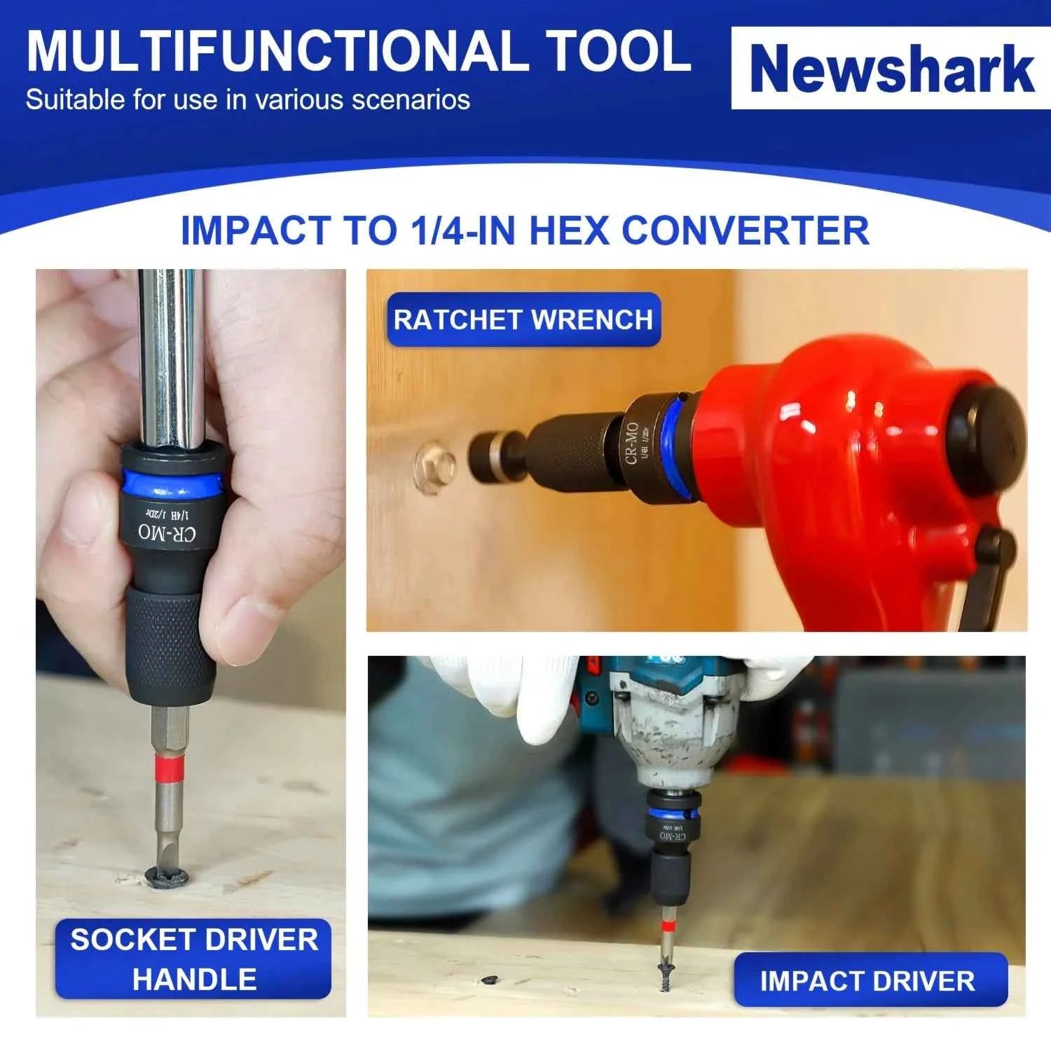 1/4 Hex Converter tools set, Quick Release Impact Bit Holders, 1/2 3/8 1/4-INCH Drive Female to 1/4-Inch Hex Adapter