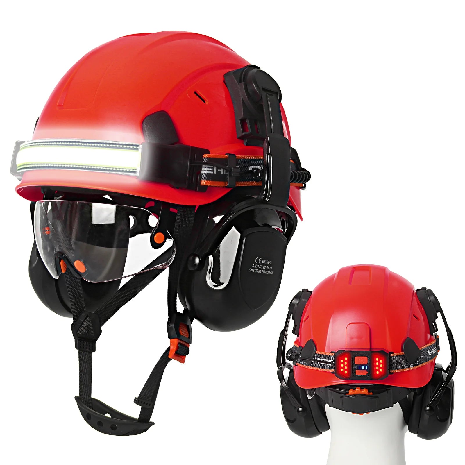 Construction safety helmet with built-in goggles, LED headlamp and earmuffs – image 10