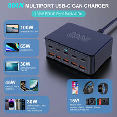 800W GaN 10-Port Charging Station | 100W PD3.0 PPS QC3.0 USB-C Fast Charger iPhone Samsung MacBook