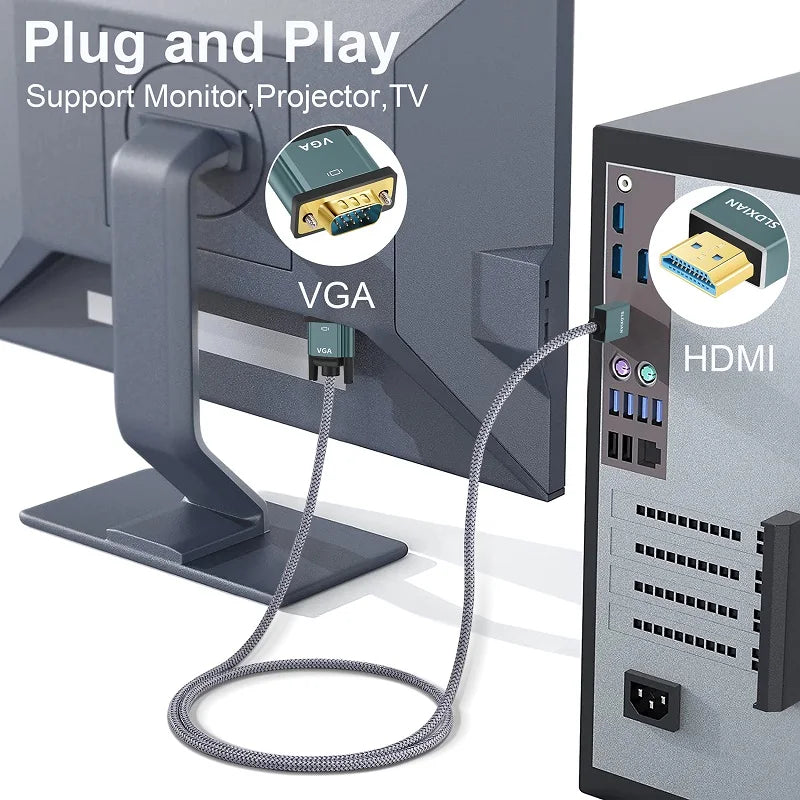 HDMI to VGA Cable – Aluminium Alloy Shell, Nylon Braided, Gold-Plated for Computers, Laptops & Projectors