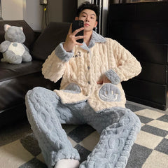 Men's Coral Fleece Pajama Set | Thickened Flannel Double-Breasted Long Sleeve Couple Sleepwear