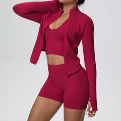 Women's 3-Piece Seamless Yoga Suit | Shockproof Bra Crop Top & Long Sleeve Gym Legging Set