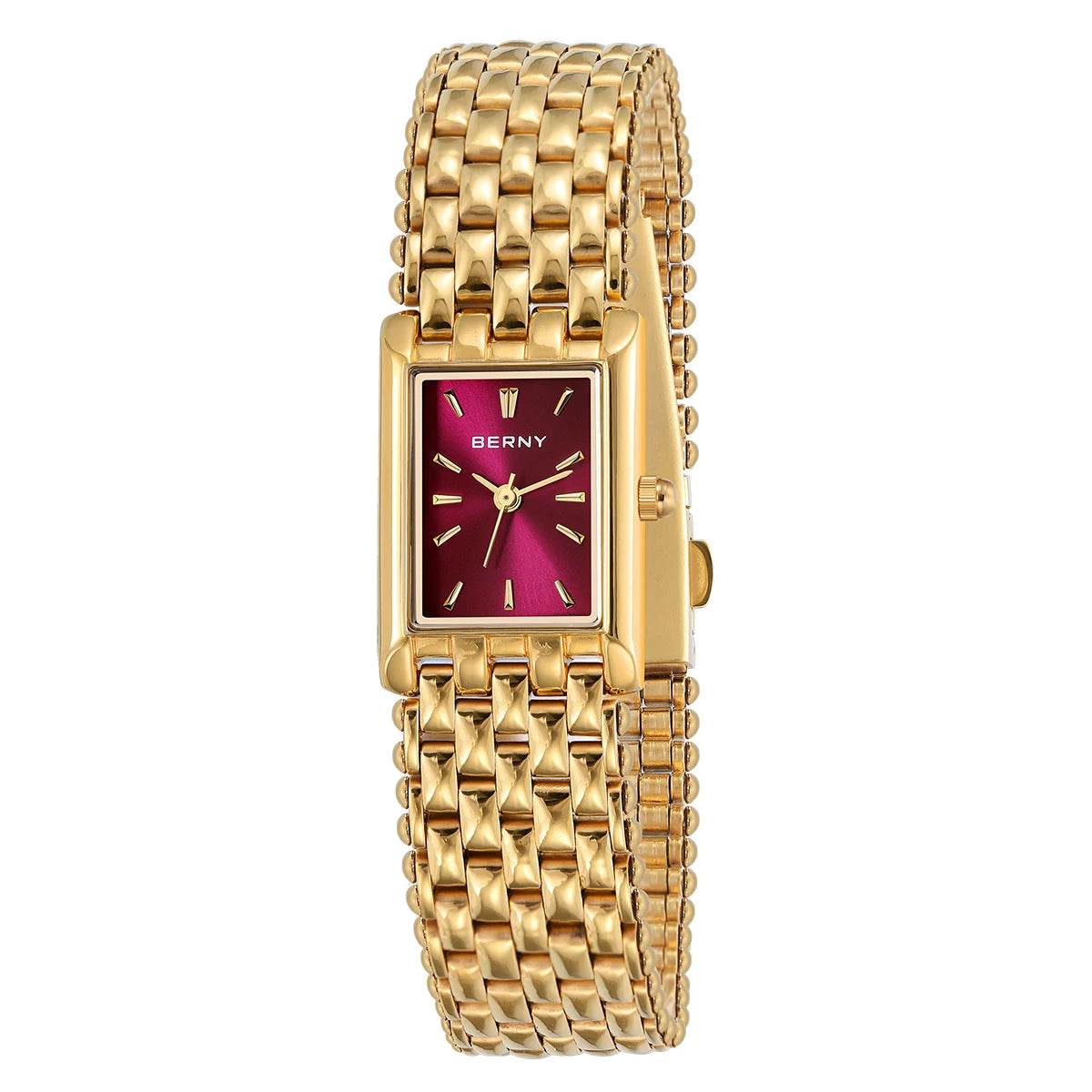 BERNY Gold Women’s Burgundy Red Rectangle Quartz Watch - SnaggIt