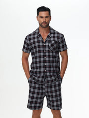 Men's Cotton Short Pajama Set | 2-Piece Breathable Button Top & Elastic Shorts Summer Loungewear