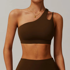 Women's Oblique Shoulder Yoga Bra | Hollow-Out Back Push-Up Gym Running Fitness Vest Workout Top