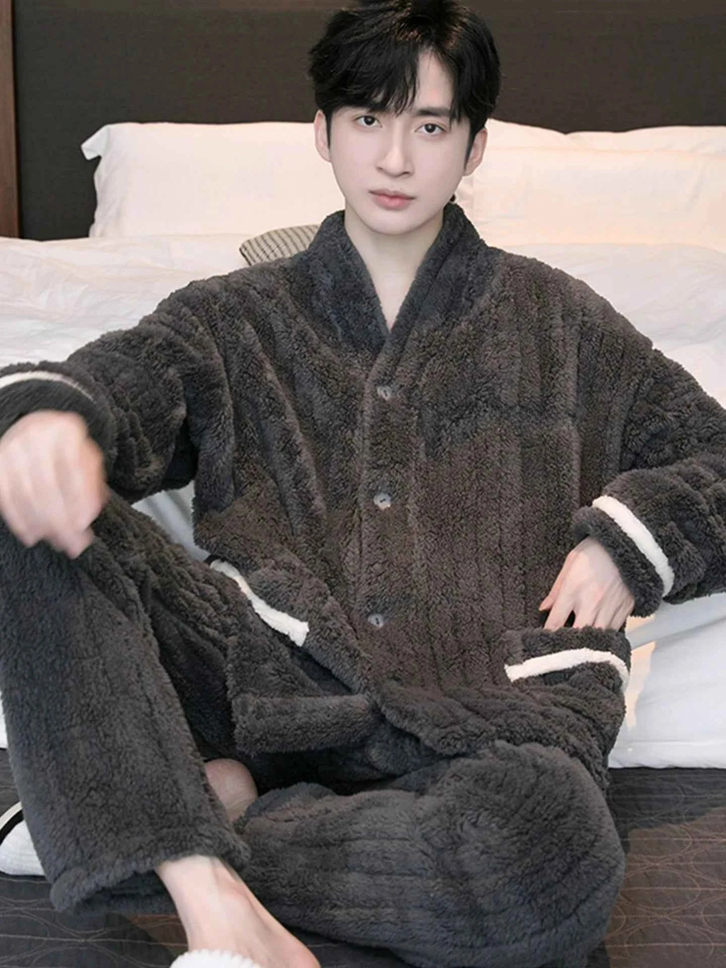 Men's Thickened Flannel Sleepwear Set | Coral Fleece Long Sleeve V-Neck Button Warm Loungewear