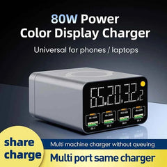 80W/120W 8-Port Charging Station | Digital Display USB-C Wireless Charger PD QC3.0 for Laptop Tablet Phone