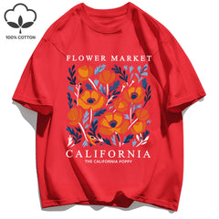 Women's California Yellow Flowers Market Print T-Shirt | Soft Cotton O-Neck Casual Crewneck Short Sleeve