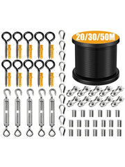 66pcs 3mm Black Stainless Steel Wire Rope Kit 20/30/50M | Heavy-Duty Balcony Railing Garden Farm Fence