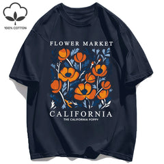 Women's California Yellow Flowers Market Print T-Shirt | Soft Cotton O-Neck Casual Crewneck Short Sleeve