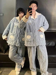 Men's Coral Fleece Pajama Set | Thickened Flannel Double-Breasted Long Sleeve Couple Sleepwear