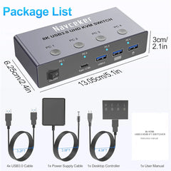4K@240Hz / 8K KVM Switch HDMI 4-in-1 – 4 PC, 4-Port USB 3.0, Share 1 Monitor, Mouse & Keyboard