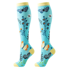 6 Pack Compression Socks — Floral & Butterfly Design, Knee-High Support for Sports & Nurses