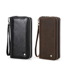 Genuine Leather Long Wallet Clutch with Double Zipper & Card Holders