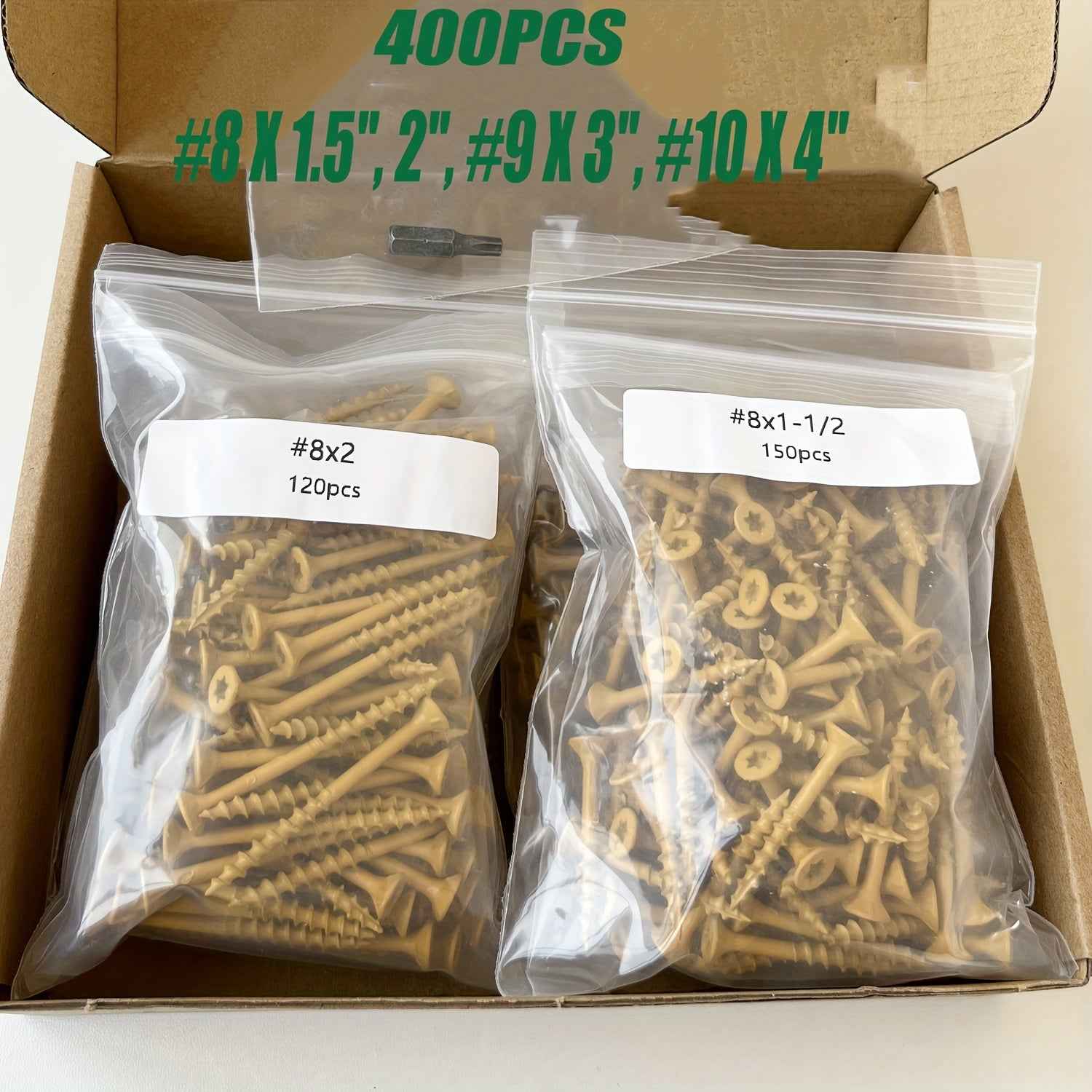 400 Pcs Deck Screw Kit — Rustproof Epoxy-Coated #8/#9/#10 Star-Drive Wood Screws with T25 Bit (1.5’’–4’’)