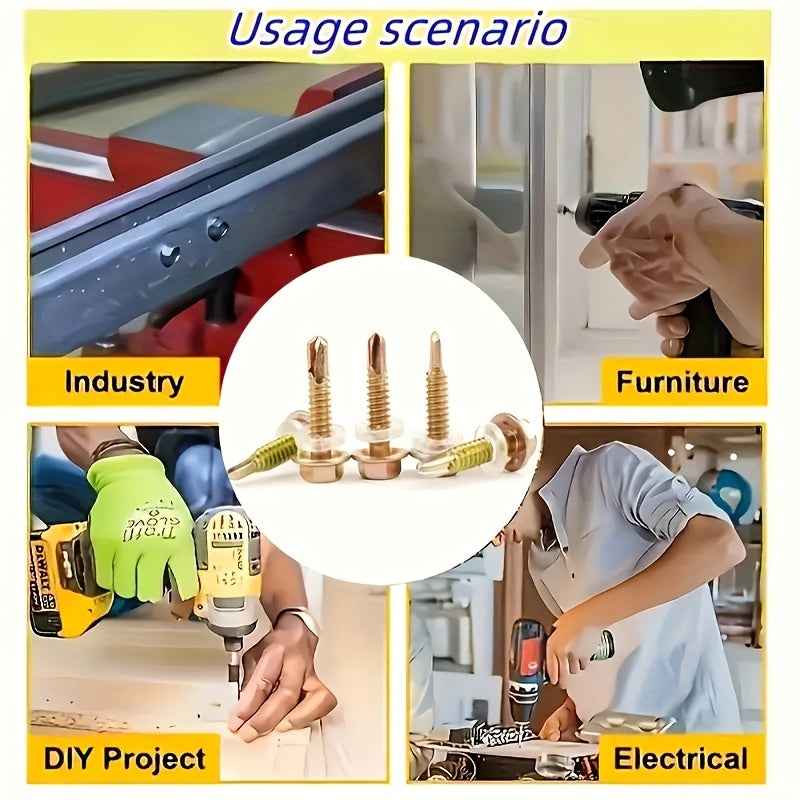 500 Pcs Hex Head Self Tapping Screw Set — Galvanized Drill-Tail Screws with Washers for Metal Wood & Plastic - 500pcs