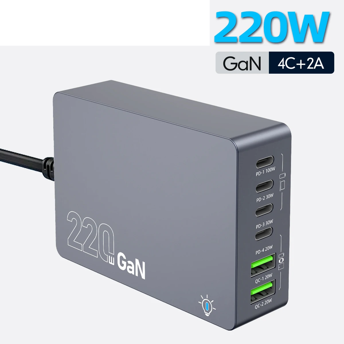 220W GaN 6-Port USB-C Charging Station | PD 100W Fast Charger for PC Laptop iPhone Samsung