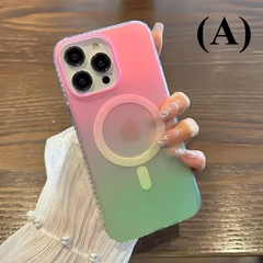 Laser Gradient MagSafe Shockproof Case – for iPhone 16 Series - A - Pink green / For Plus - Phone Cases & Covers