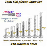 500 Pieces #8 Self Drilling TEK Screw Kit - 7 sizes - Power Tools Gadget