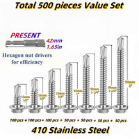 500 Pieces #8 Self Drilling TEK Screw Kit - 7 sizes - Power Tools Gadget