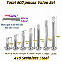 500 Pieces #8 Self Drilling TEK Screw Kit - 7 sizes - Power Tools Gadget