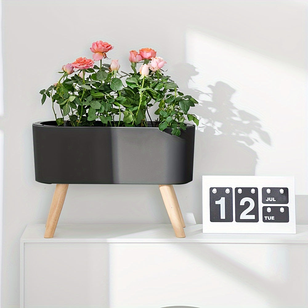 16.5" Self-Watering Flower Pot with Wooden Stand by Snagg A Pot