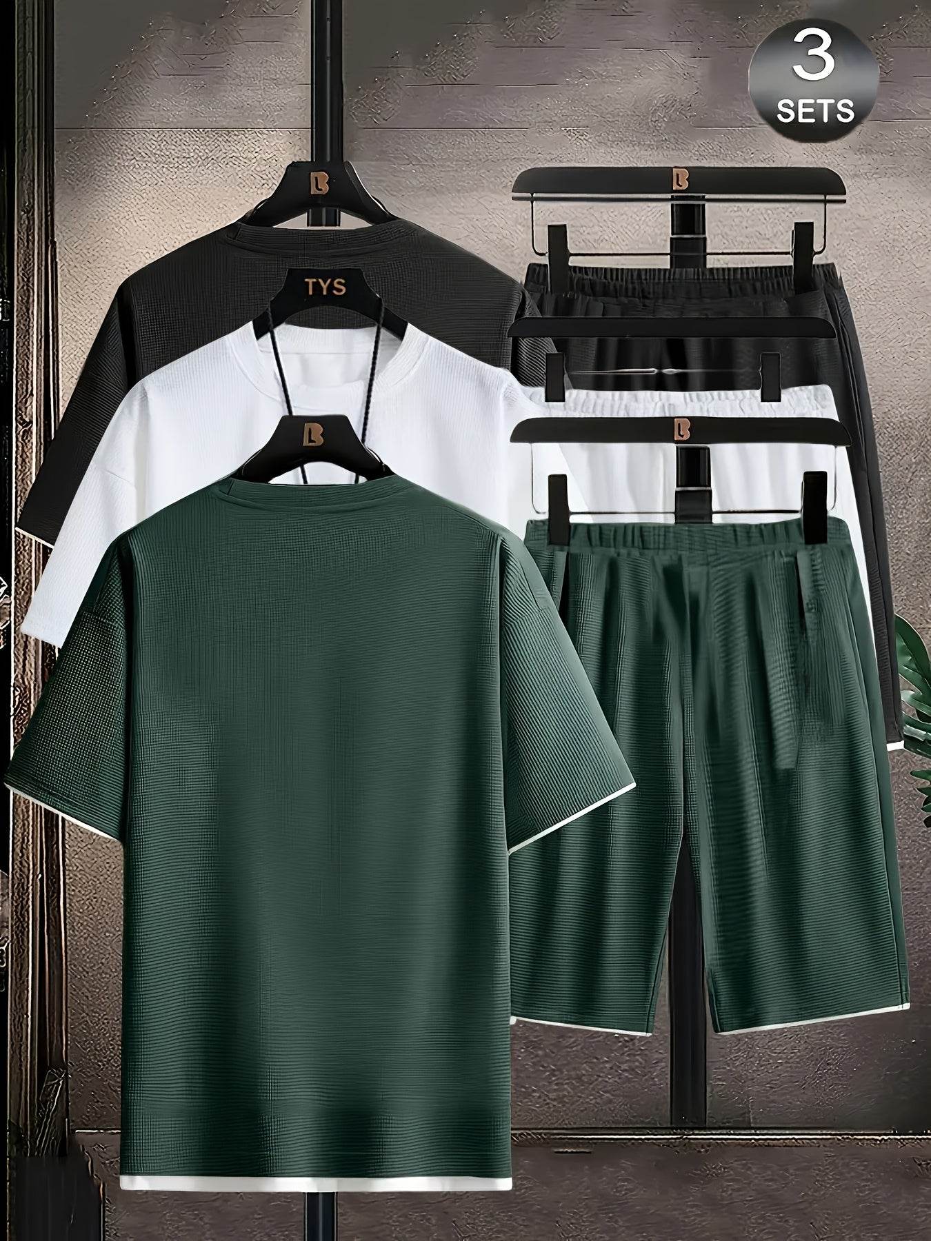 6pcs Waffle Men’s Pajama Set – Short Sleeve & Shorts Multi-Piece Homewear - SnaggIt