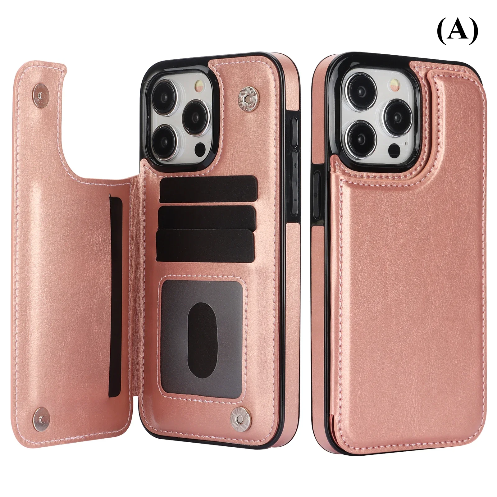 Double Button Wallet Flip Leather Case with Card Slot & Stand – for iPhone 14 Series - A - Rose gold / Phone Cases