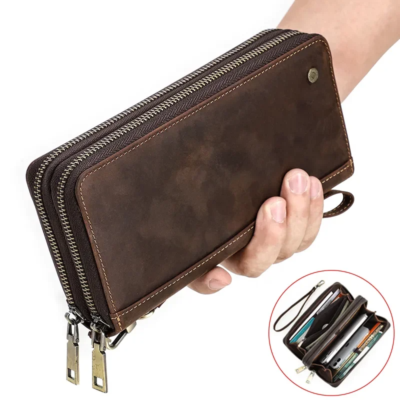 Genuine Leather Long Wallet Clutch with Double Zipper & Card Holders