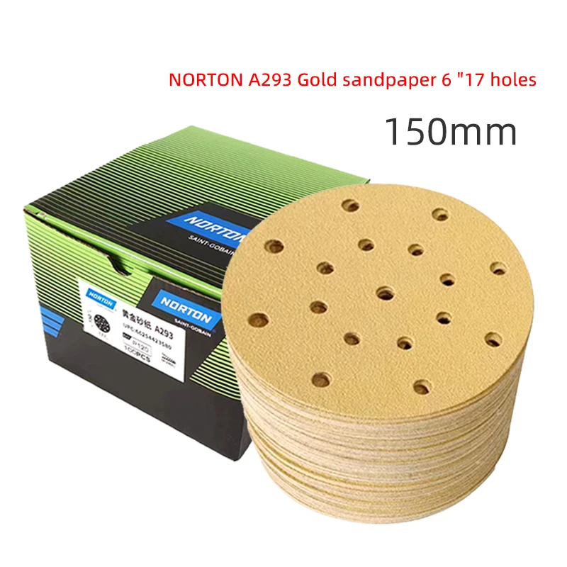 Gold 6-Inch 17-Hole Sanding Discs 150mm | Dry Flocking Round Sandpaper 80–500 Grit for Car Putty Wood