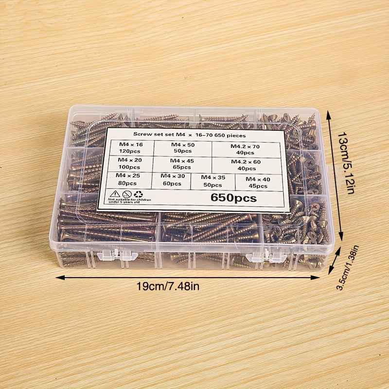650 Piece M4 Galvanized Screw Set (16–70mm Assorted Sizes) - Pcs combination set - Power Tools Gadget