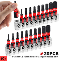 1" Multi Hex Head Metric Insert Bit Set – Magnetic S2 Steel Hex Screwdriver Bits with Base & 3" Bit Holder