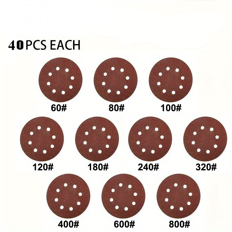 400 Pcs Sanding Disc Set - 5’’ / 125mm 8 Hole Hook and Loop Sandpaper - 60/80/100/120/180/240/320/400/600/800 Grit
