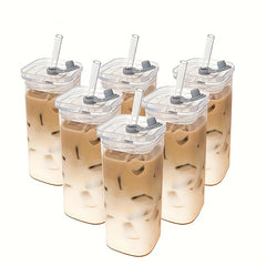 6 Pcs Square Glass Cups With Lids Set Portable Drinkware Home by Snagg A Cup