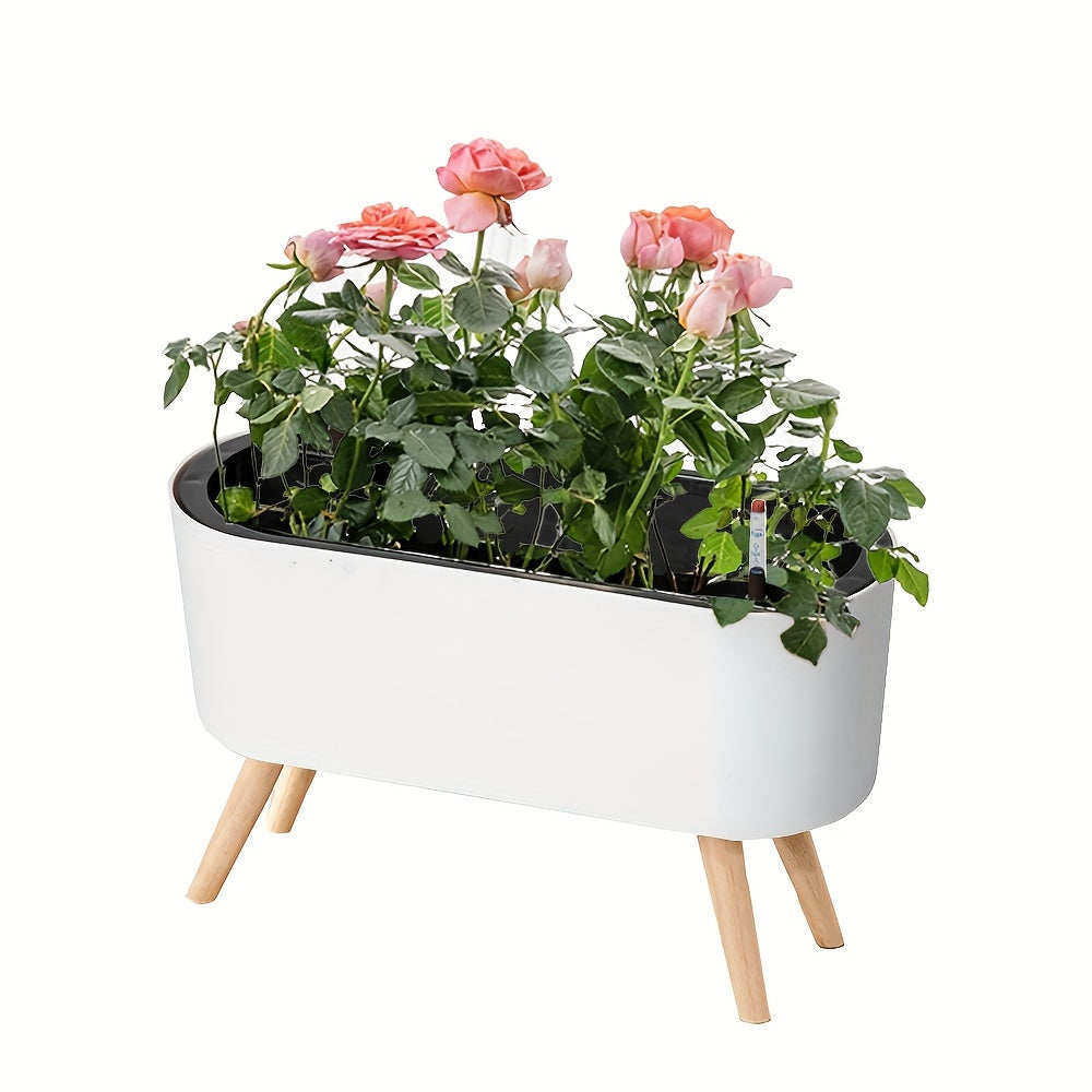 16.5" Self-Watering Flower Pot with Wooden Stand by Snagg A Pot