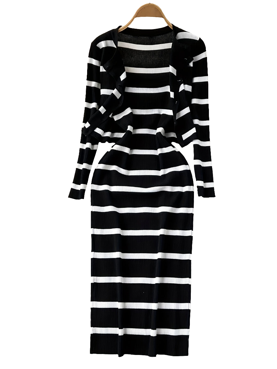Striped Crew Neck Button-Up Sweater & Pencil Dress Set by Snagg A Dress